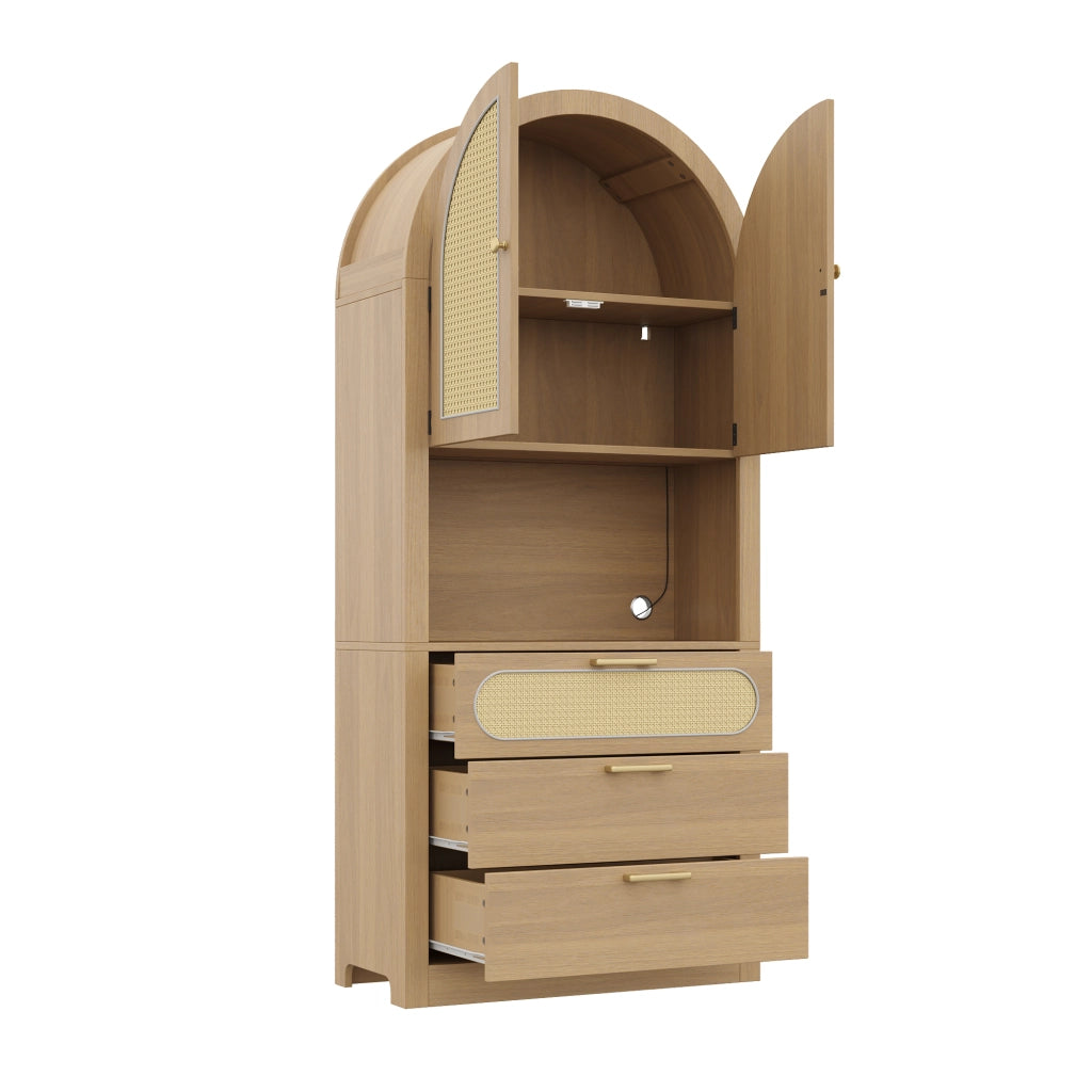 Mobile da cucina, mobile da ingresso, vetrina ad arco, luci a LED, ante in vimini, 3 cassetti, 80 x 35 x 180 cm, color rovere