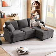 Divano Angolare 3 Posti con Poggiapiedi ¨C MINIMAL ¨C Grigio Scuro, Braccioli, Cuscini
