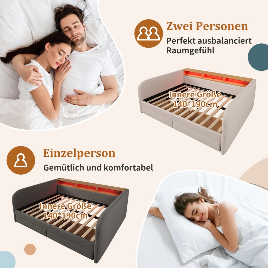 LETTO Imbottito 140x190 cm Beige con LED, USB-C e 2 cassetti