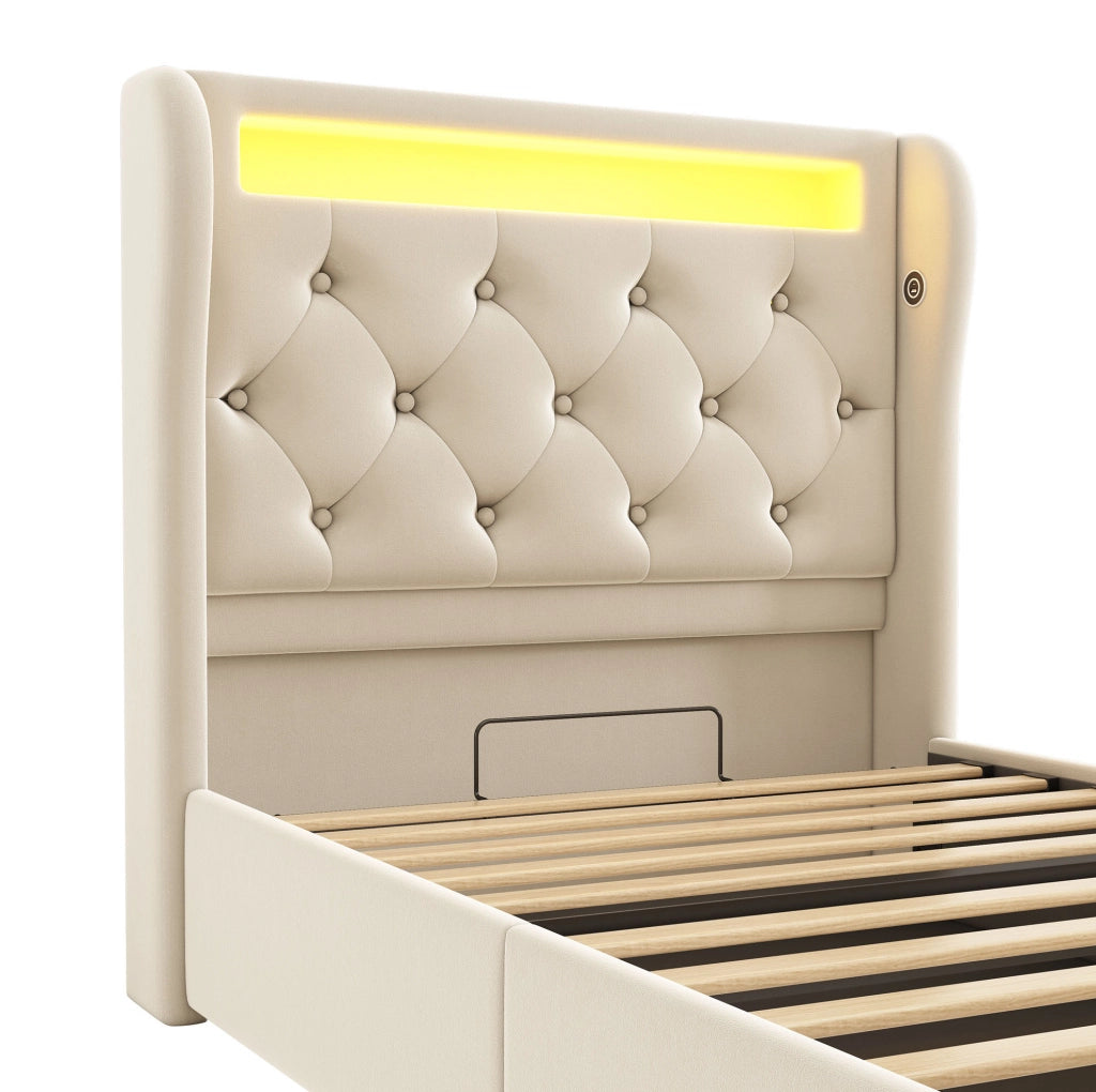 Letto imbottito con LED, ricarica USB e materasso incluso