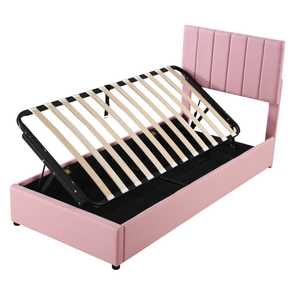 Letto imbottito per bambini 90x200 cm con contenitore idraulico; tessuto lino rosa