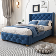 OKWISH Letto Bambino 90×200 cm, Letto Singolo con Testiera Imbottita, Borchie Decorative e Piedini in Legno, senza Materasso, Velluto, Blu