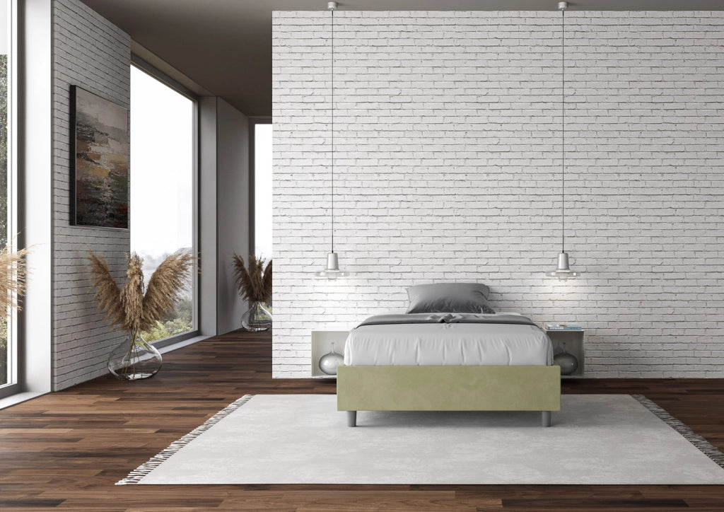 BS COM Letto una piazza e mezza con rete imbottito 120x210 microfibra tè verde