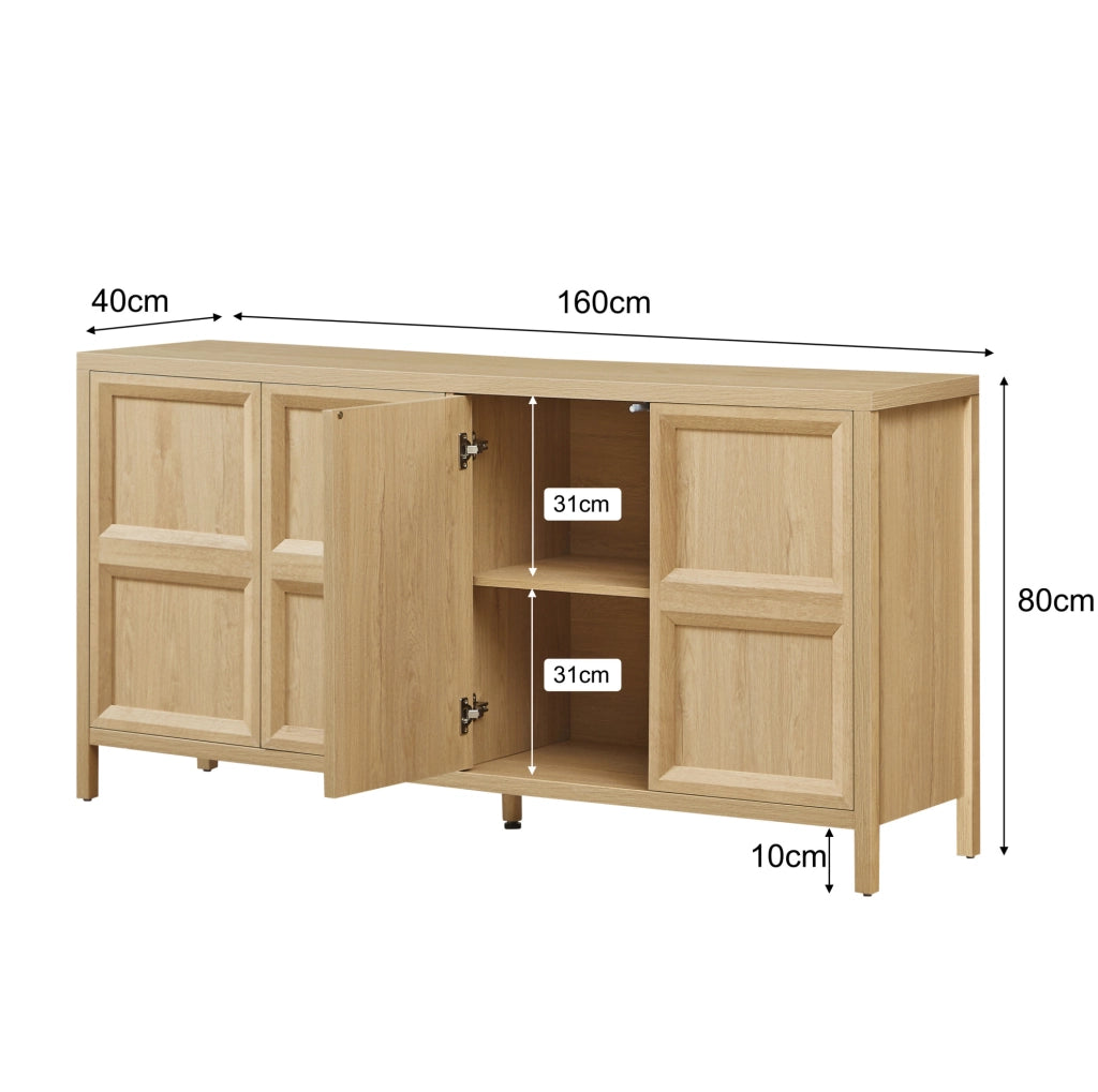 Sideboard moderno 160x40x80 cm in MDF effetto rovere; con apertura tip-on e chiusura soft-close