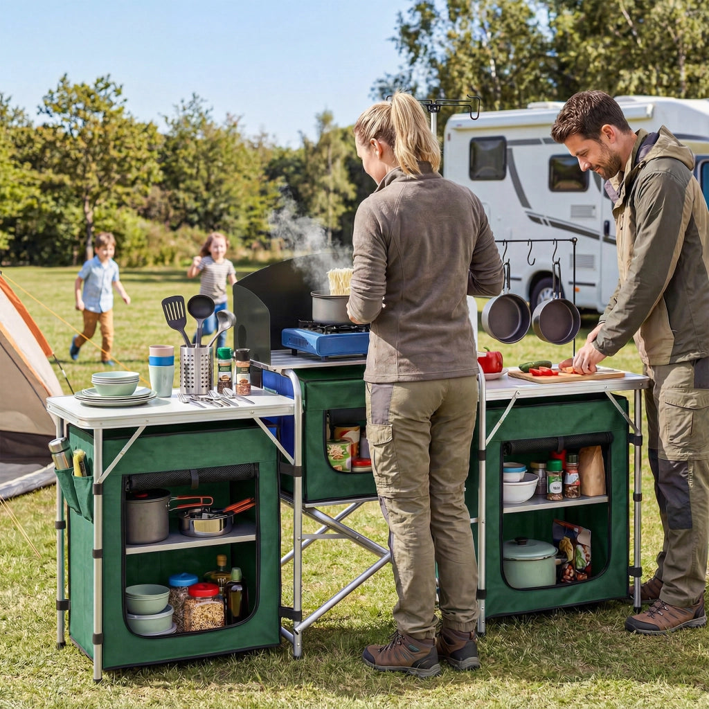 Mobile Cucina Pieghevole da Campeggio ¨C Xylo ¨C 3 Tavoli 4 Ganci Verde 172x48x130cm