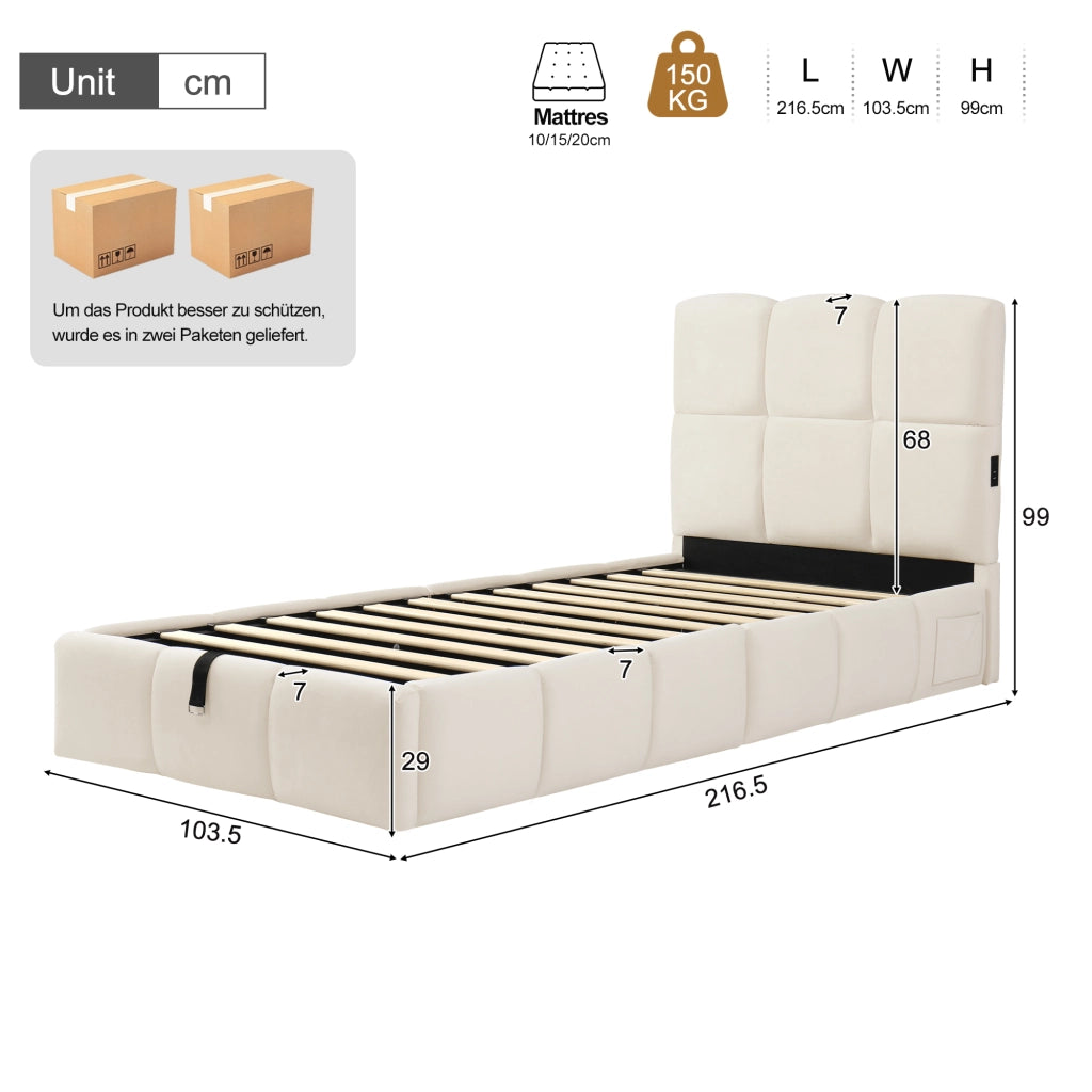 Letto Singolo 90 x 200 cm con Contenitore; USB e Type-C; in Velluto Beige