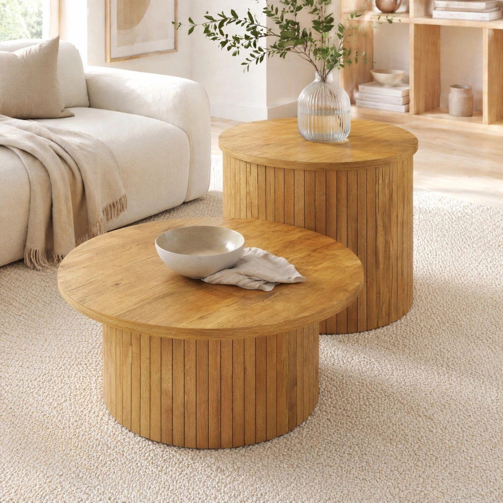 Tavolini da Salotto Impilabili Rotondi con 2 Tavoli e Vano Contenitore Stile Nordico per Soggiorno MDF Naturale