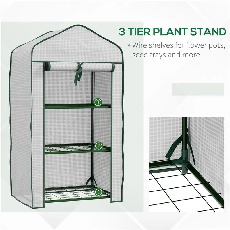 MINI SERRA DA GIARDINO CON COPERTURA IN PE, 3 RIPIANI E PORTA AVVOLGIBILE, 59X39X127CM, BIANCO