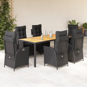 Set da Pranzo da Giardino 7 pz Nero con Cuscini in Polyrattan