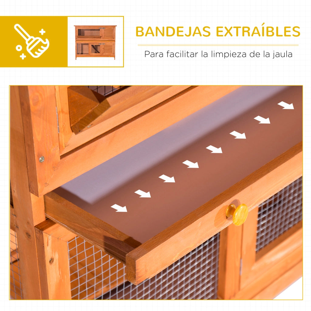 Conejera 2 Livelli in Legno per Esterno con Rampa e 2 Bandeje ¨C Zephmum ¨C 120x48x100 cm Legno Naturale