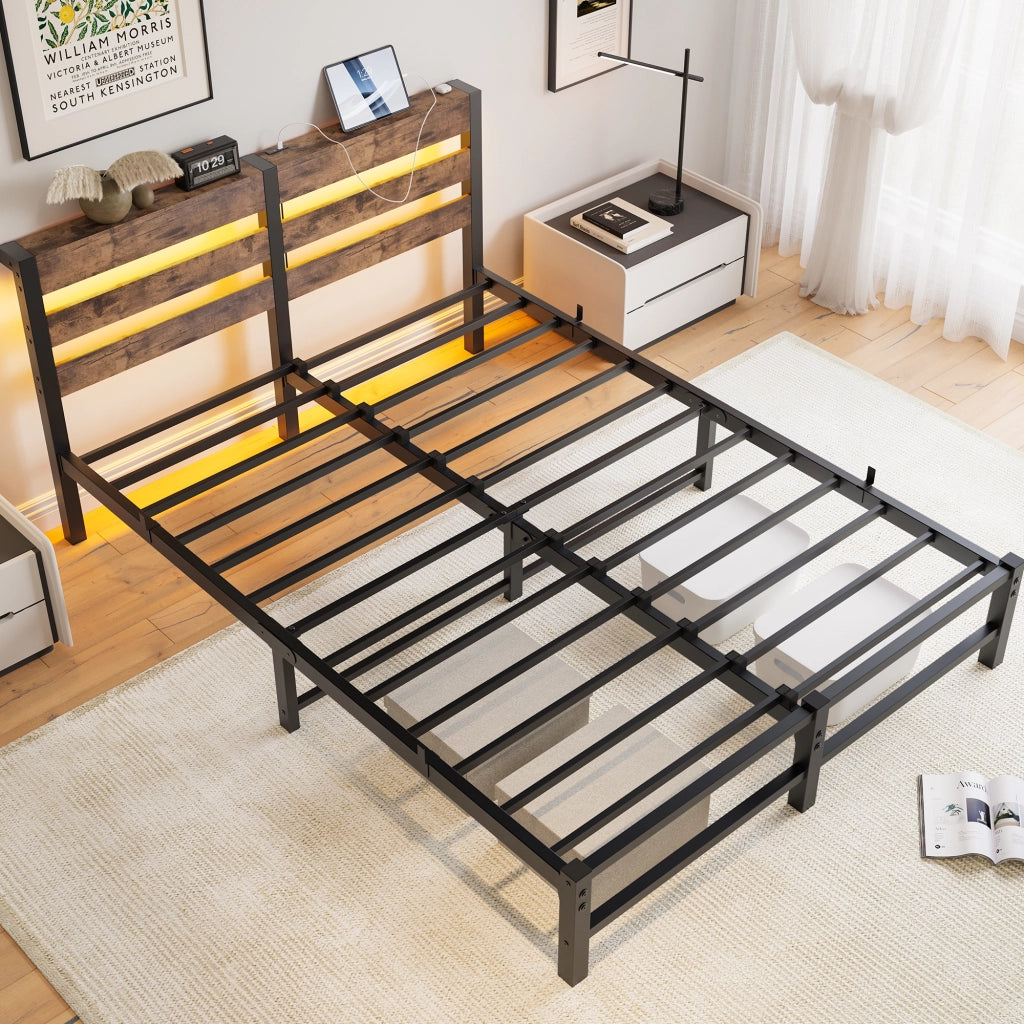 Letto matrimoniale 140×190 cm con 2 USB; LED RGB; ripiano testiera; struttura in metallo e legno; senza materasso; nero marrone