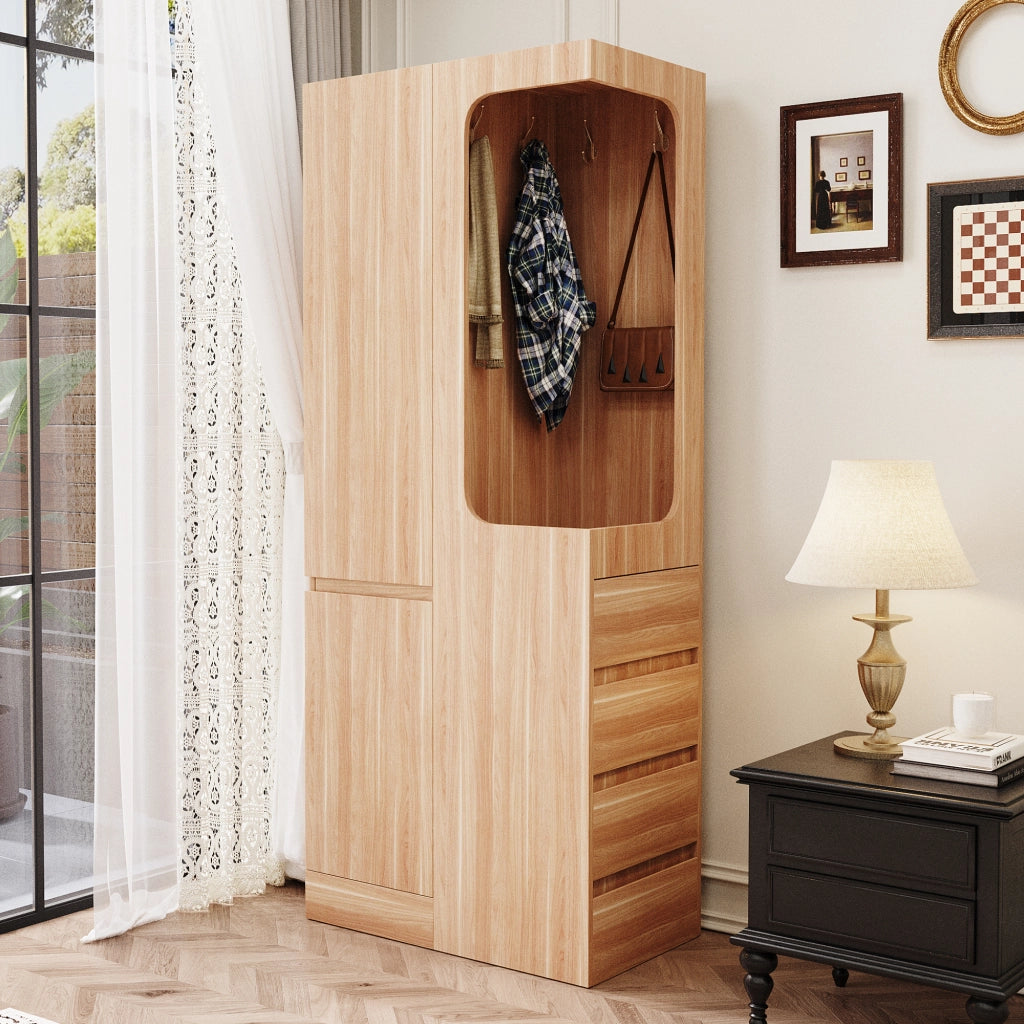 Armadio a 1 anta con 4 cassetti e vano appendiabiti aperto 70×40×170 cm; legno; bianco naturale