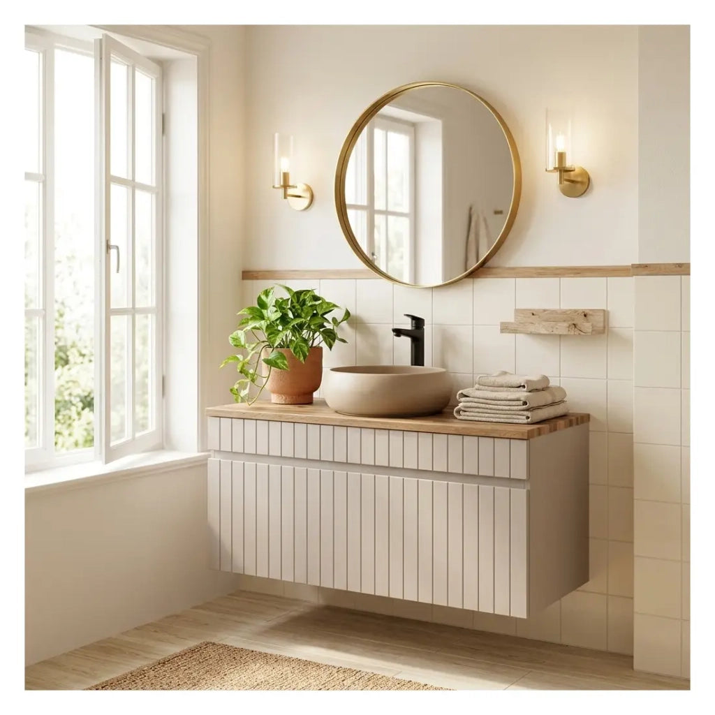 Insieme ICON: mobile sottolavabo 100cm cachemire + piano per lavabo effetto legno + lavabo rotondo da appoggio
