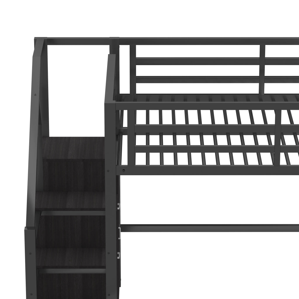 Letto a soppalco 140 × 200 cm 2 posti con armadio, mensole e illuminazione LED regolabile, senza materasso, nero