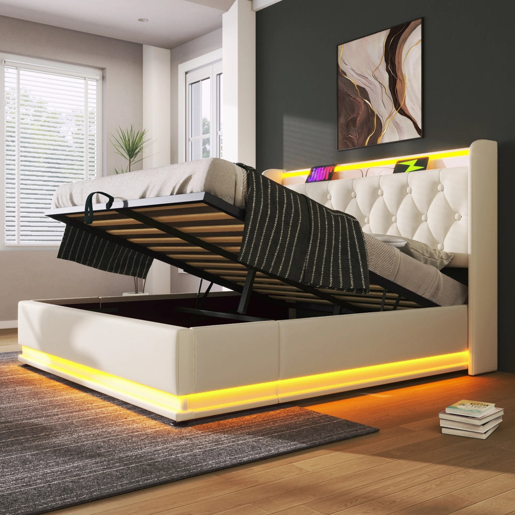 LETTO Contenitore con LED e USB Tipo-C 160x200 cm PU Bianco