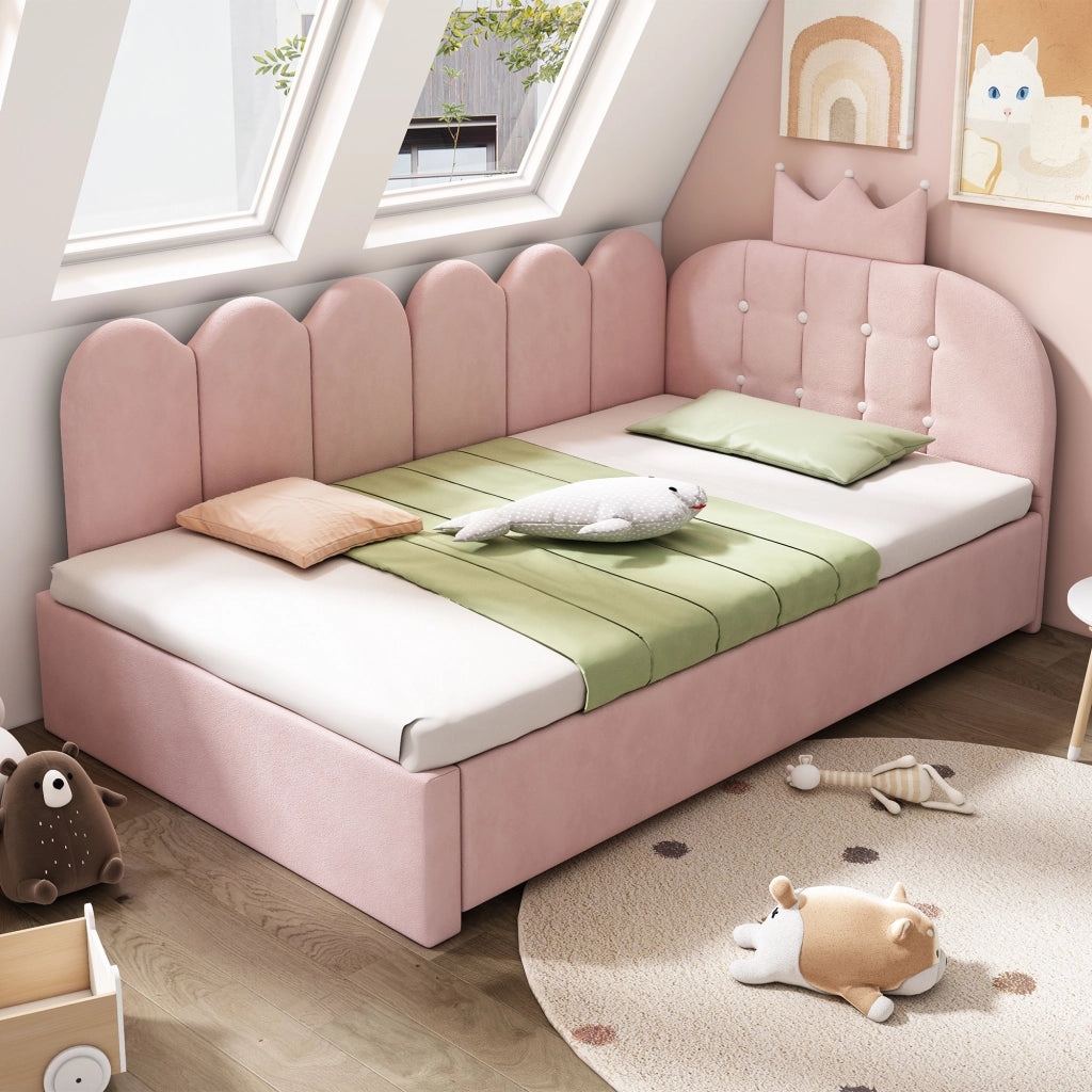 DESMIU Lit simple 90 × 200 cm con letto estraibile, design corona e griglia, senza materasso, in velluto, rosa