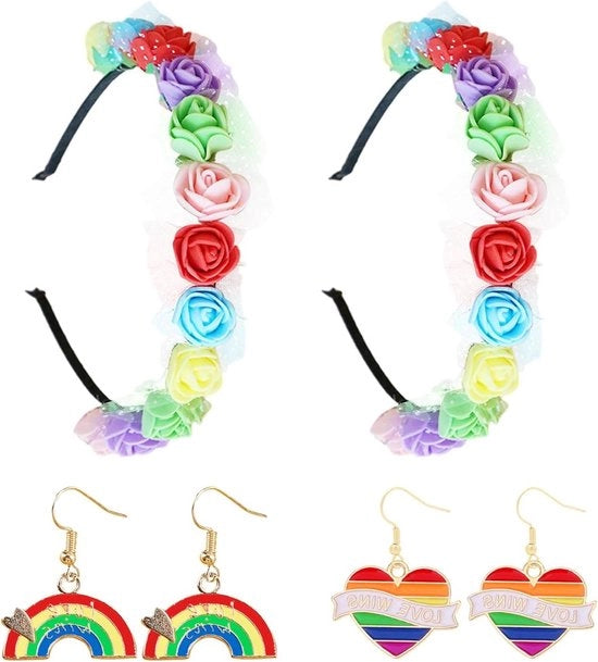 Set di 2 bende di fiori arcobaleno per capelli - orecchini arcobaleno - accessori moda per donne abito da ballo Pride.