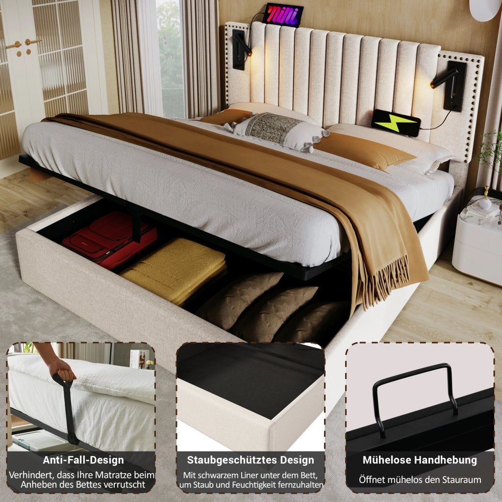 letto imbottito cotone beige 140x200 cm
