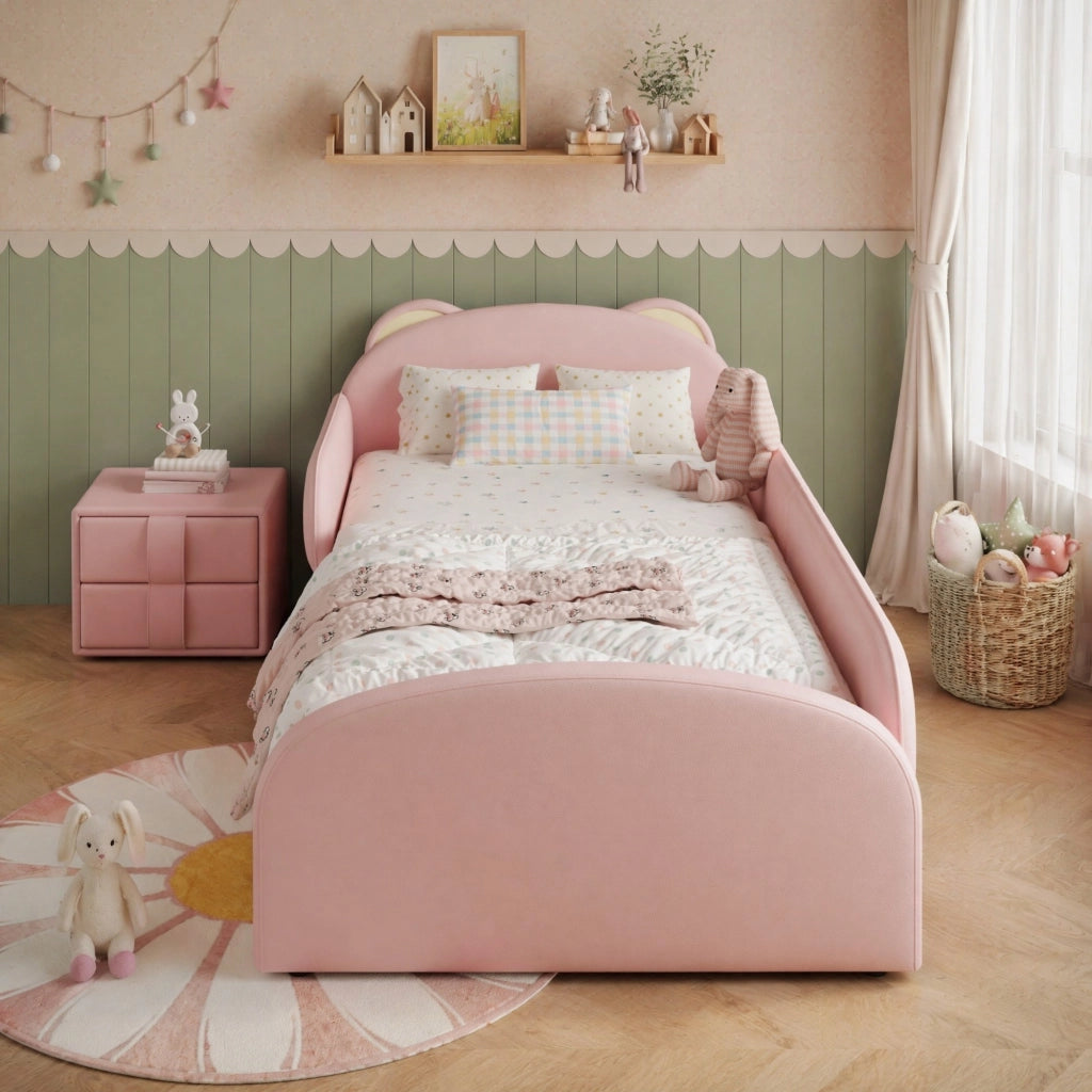 LETTO imbottito a forma di orso 90x200 cm rosa con comodino