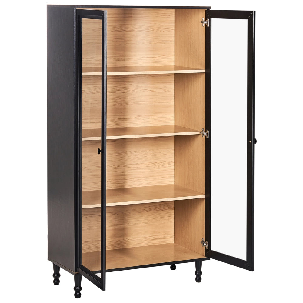 Mobile decorativo 80 cm nero con legno chiaro in legno ingegnerizzato con display in vetro Classico scandinavo a ripiani alti Sala da pranzo Soggiorno