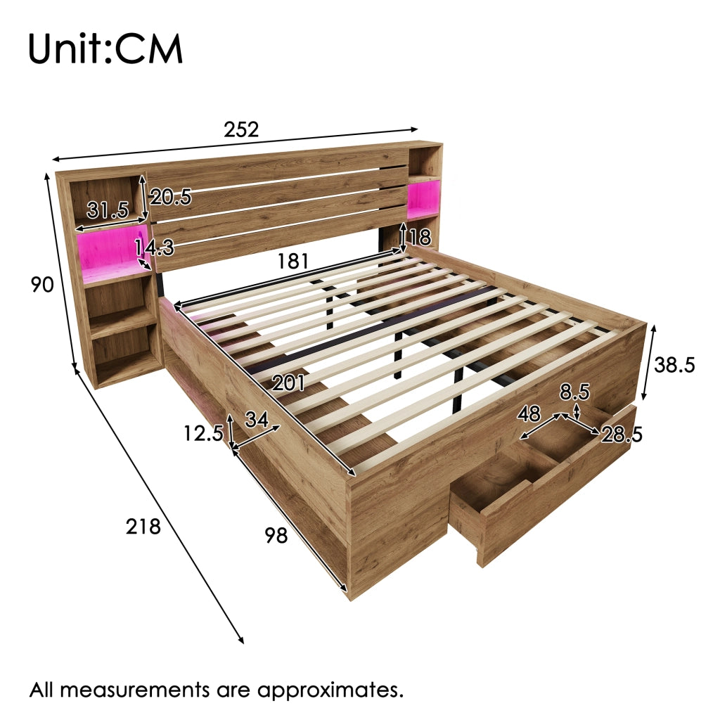 LETTO contenitore 180x200 cm con LED, USB e cassetti Rovere