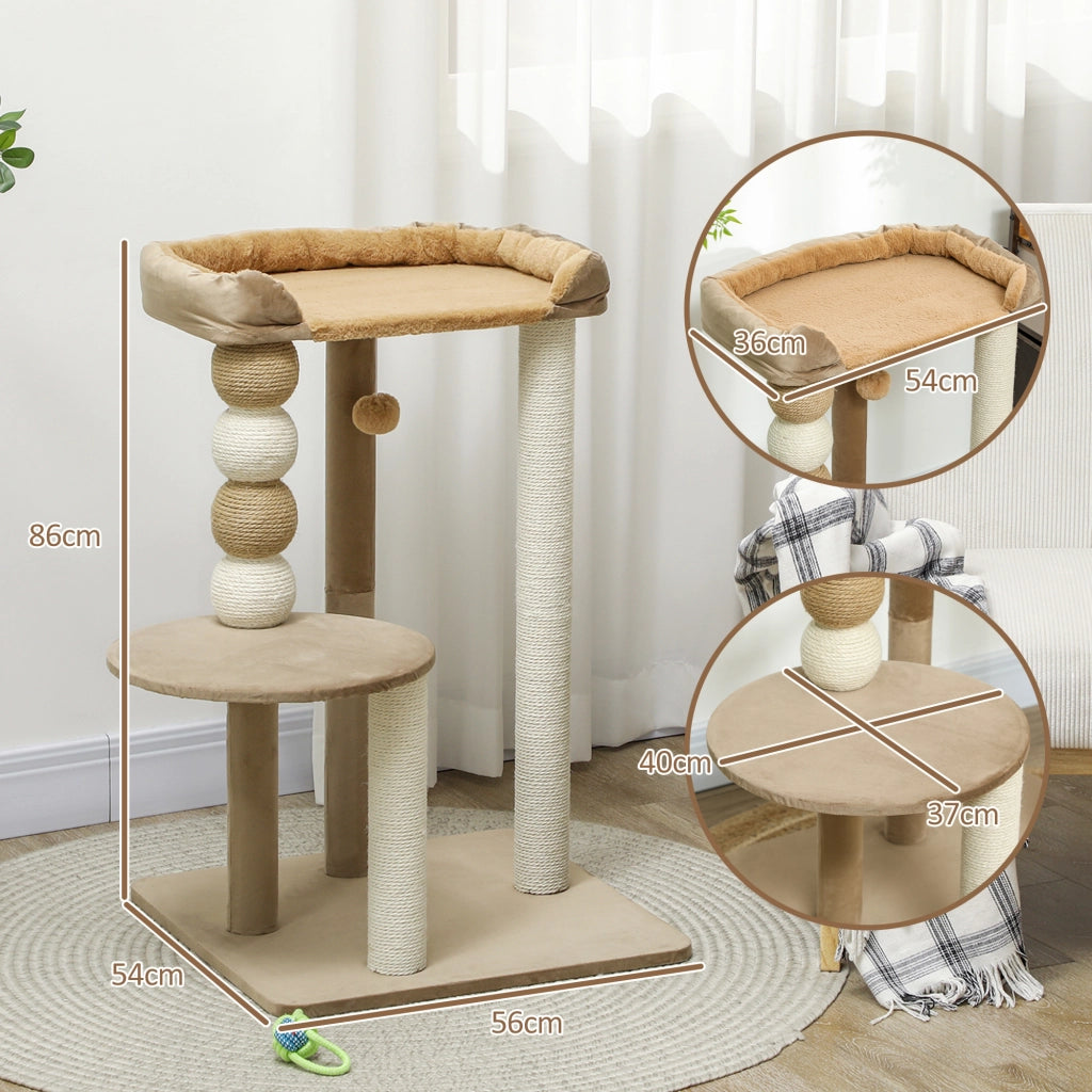 Tiragraffi per gatti con 2 piani, palla giocattolo, tronchi e palle ¨C Minimal ¨C marrone, 56x54x86 cm