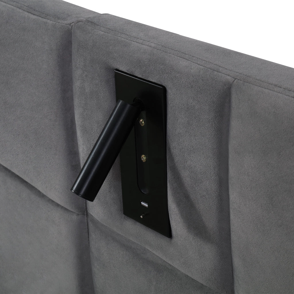 LETTO Contenitore 160x200 cm in velluto grigio con lampada e USB