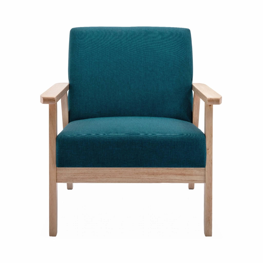 Set panca e poltrona in legno e tessuto, 3 posti, blu smeraldo
