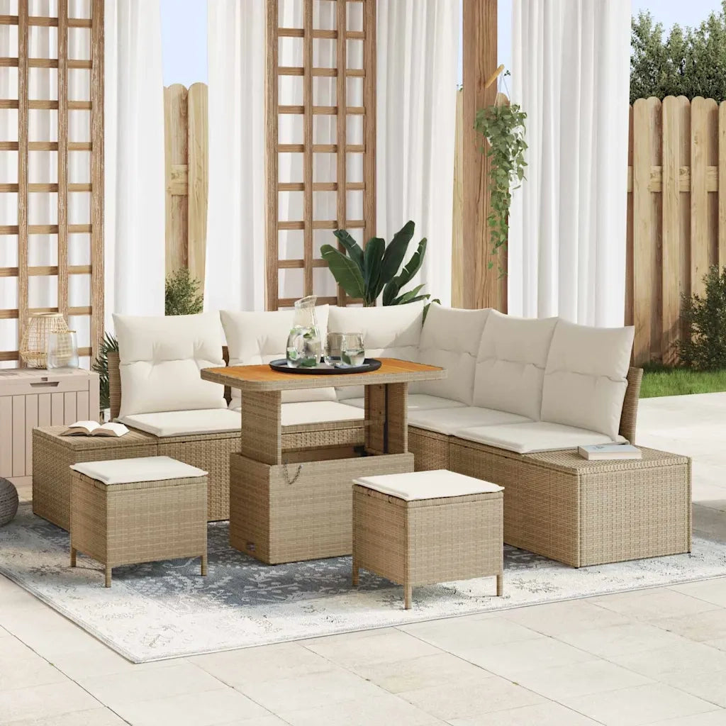 Set Divano da Giardino con cuscino 8 pcs Beige Poly Rattan