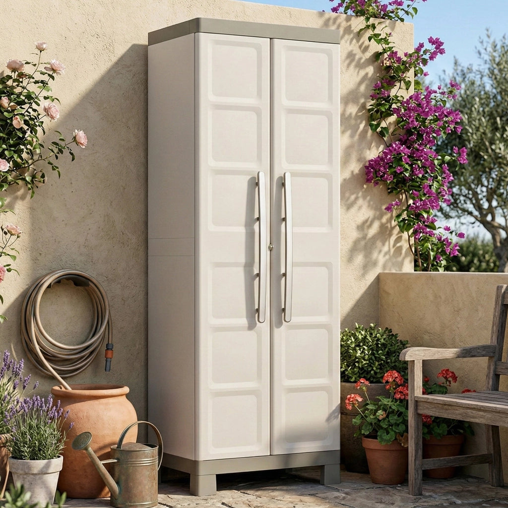 Armadio da esterno Strathmore, Mobile outdoor, Mobiletto giardino multiuso, Contenitore per balcone o garage, Made in Italy, 65x45 h182 cm, Sabbia