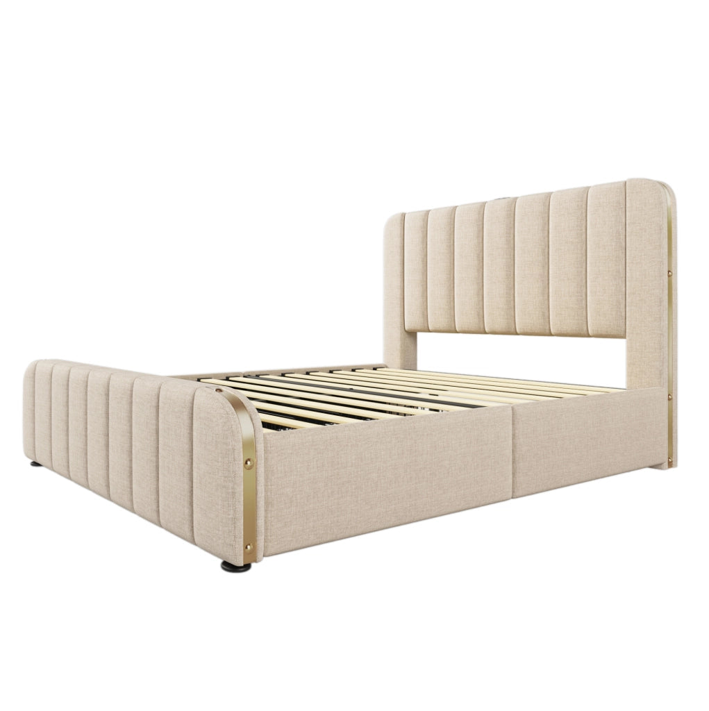 Letto matrimoniale imbottito 140x190 cm con 4 cassetti e porte USB/Type-C