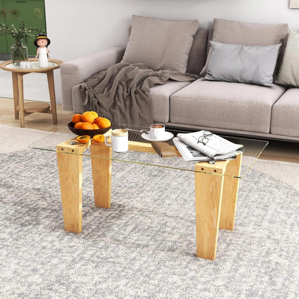 Tavolino da caff¨¨ in vetro con gambe in legno di gomma massiccio, Tavolino centrale rettangolare da 100 CM Naturale-Tavolini da salotto