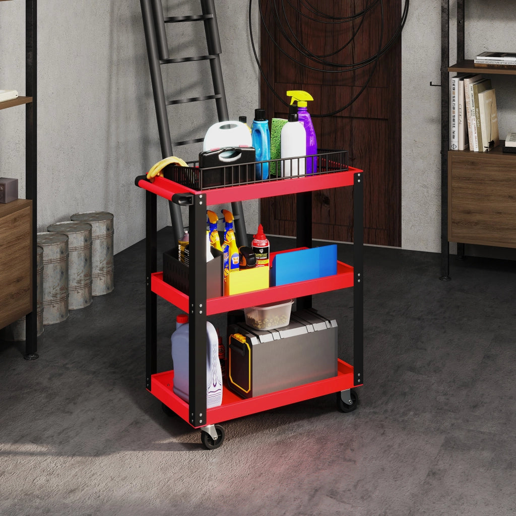 Carrello per Attrezzi con 3 Ripiani e Ruote ¨C zephmum ¨C Rosso e Nero