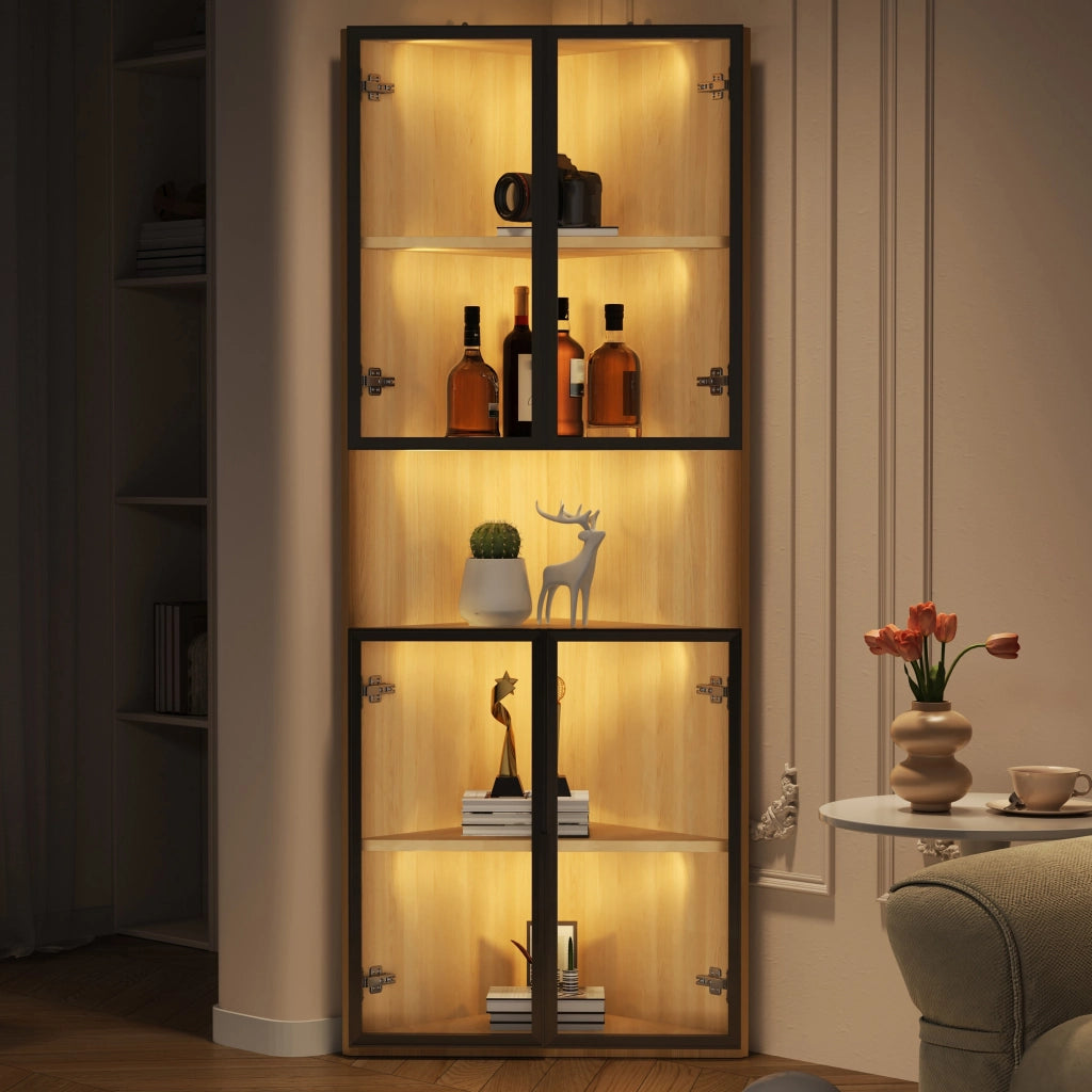Vetrina, mobile angolare, ante in vetro, illuminazione a LED, 62x32x160 cm, colore legno naturale