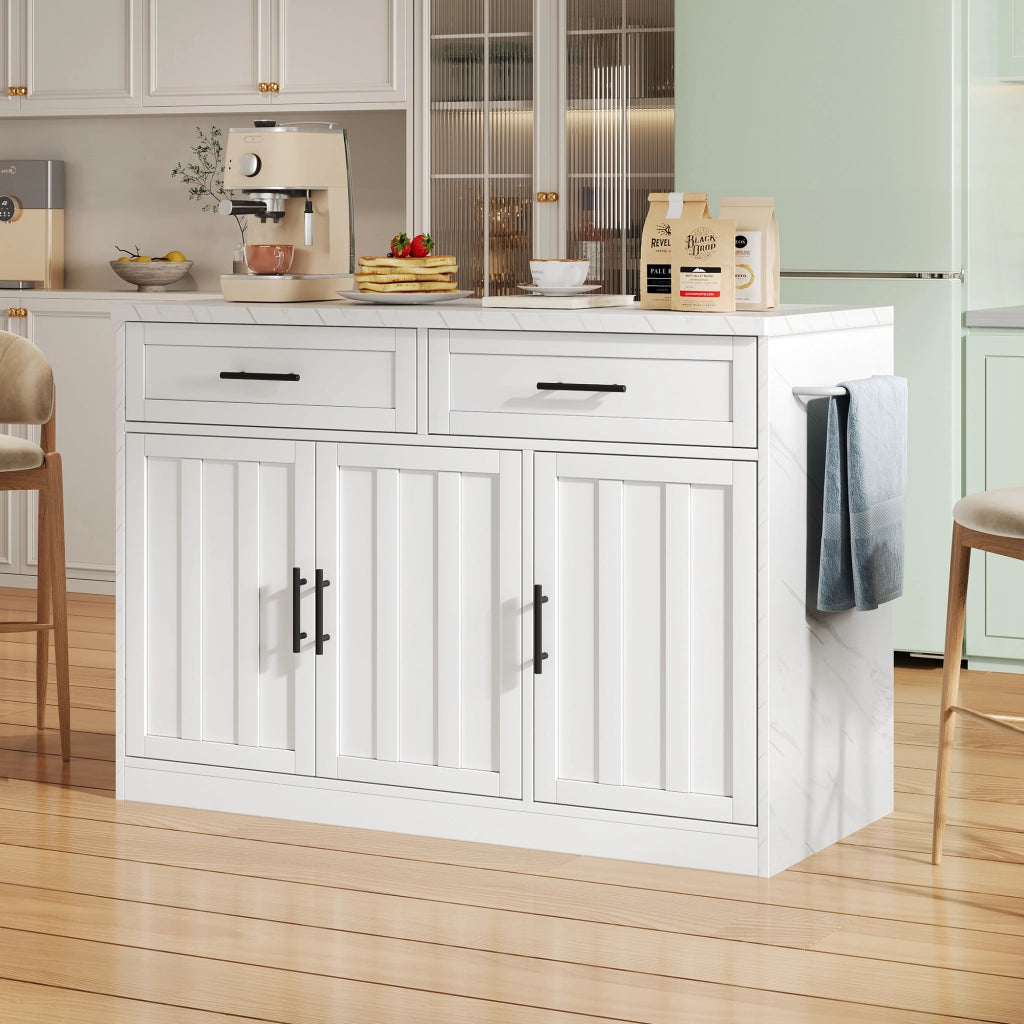 Isola da cucina 120x60x91 cm con piano bar, prese USB, cassetti e ante, bianco