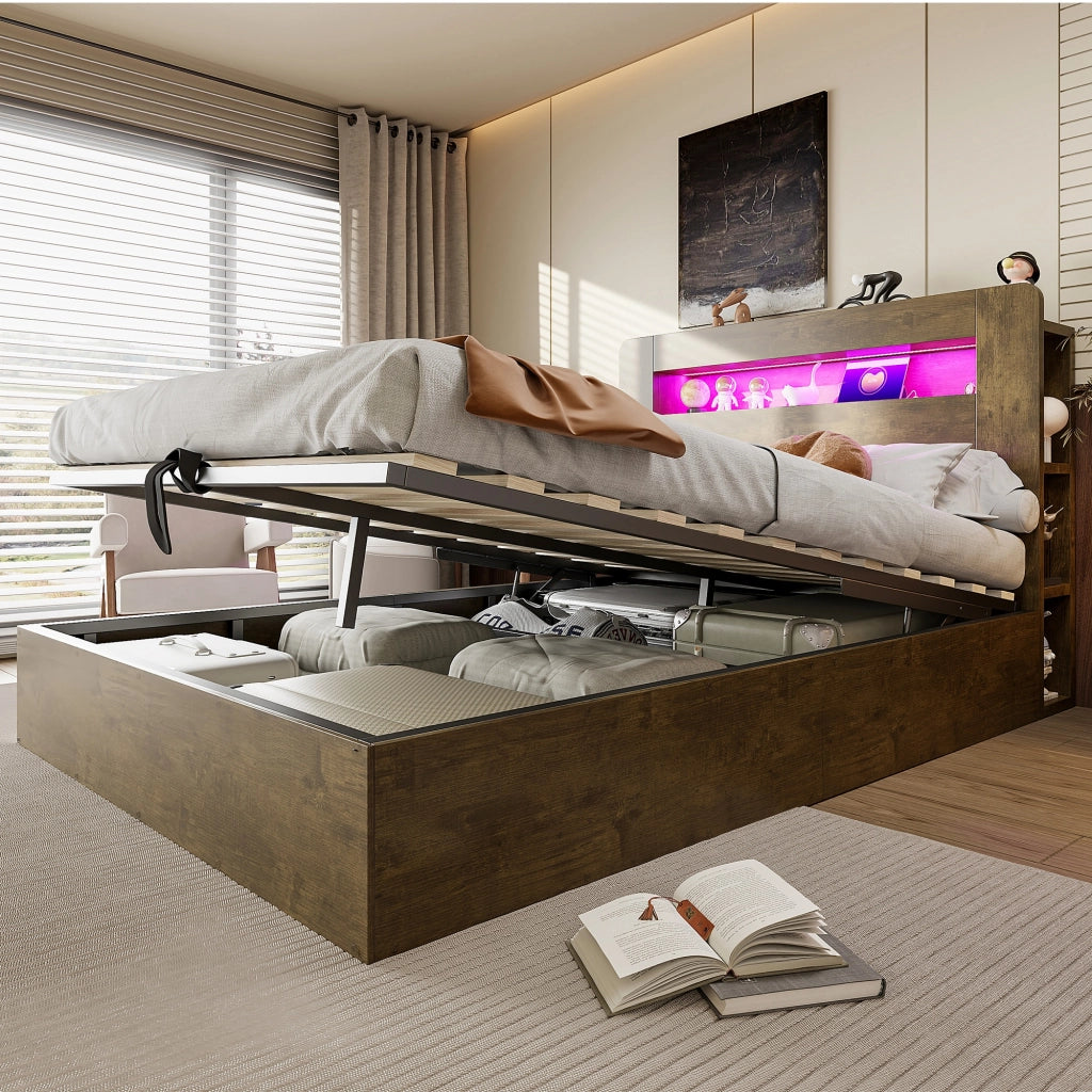 Letto in legno 140x200 cm, con contenitore e ripiani, illuminazione a LED, presa di ricarica, stile retro, marrone