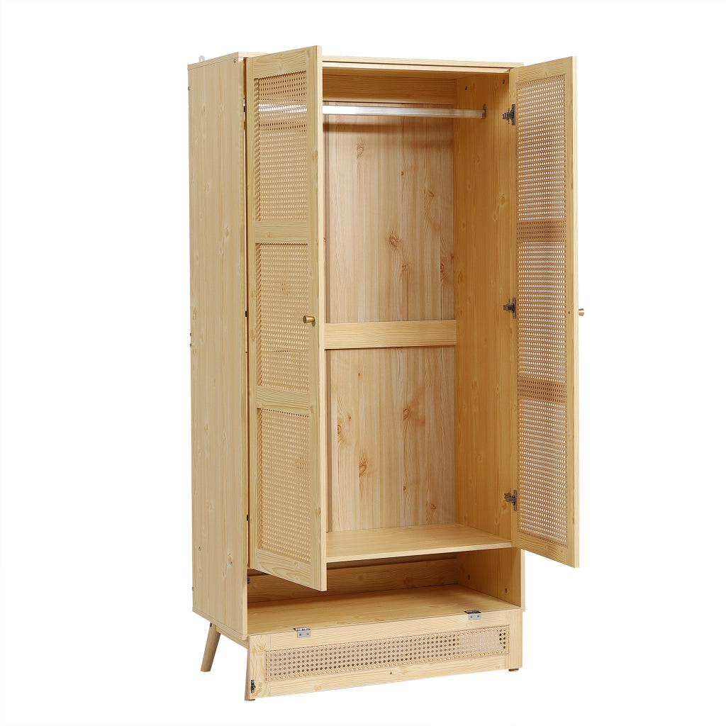 Armadio Camera da Letto 90×45×183 cm con Porte in Rattan; Barra Porta Abiti e Spazio Salvaspazio Inferiore