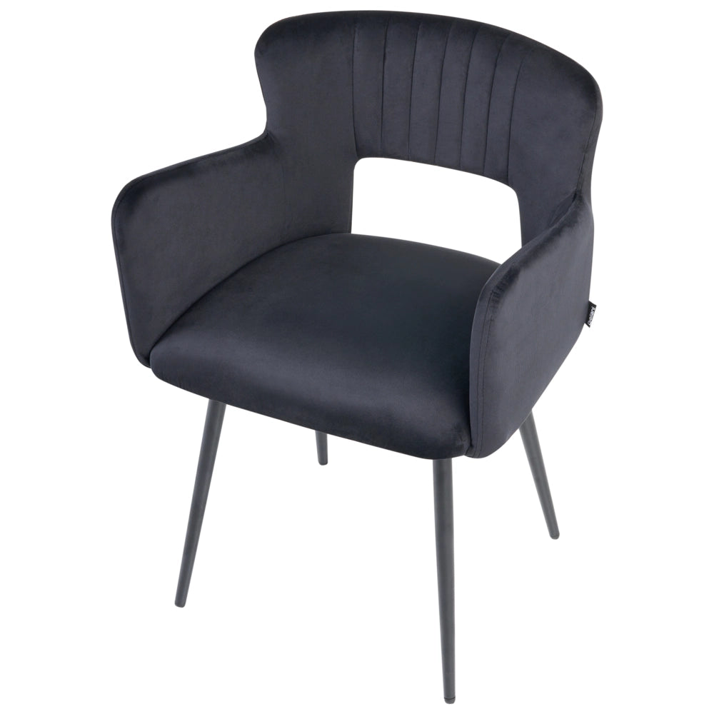 Set di 2 sedie da pranzo velluto nero braccioli schienale intagliato gambe in metallo moderna industriale