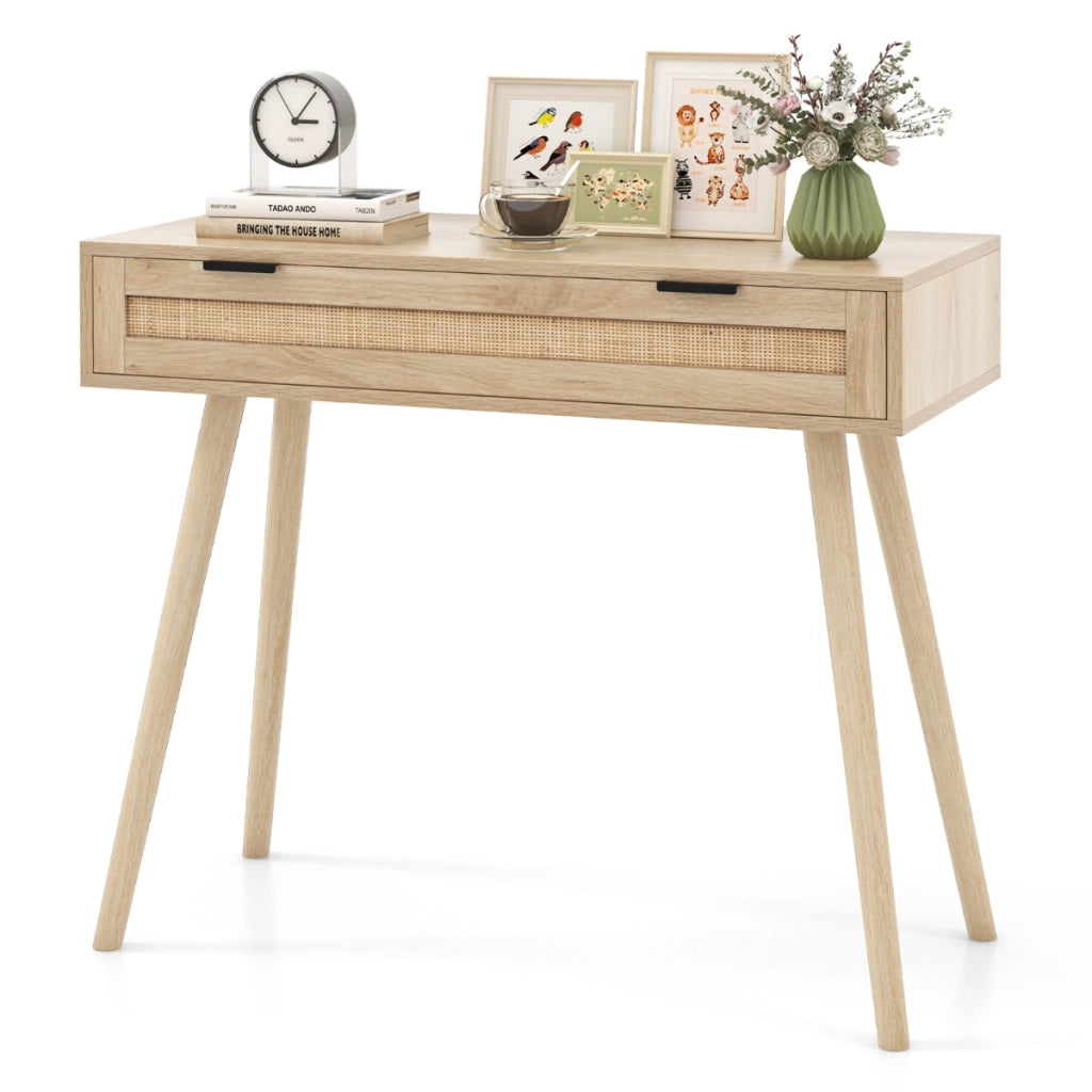 Tavolo consolle in rattan per divano con cassetto rstraibile in legno-Tavolino d'ingresso in stile boho Naturale