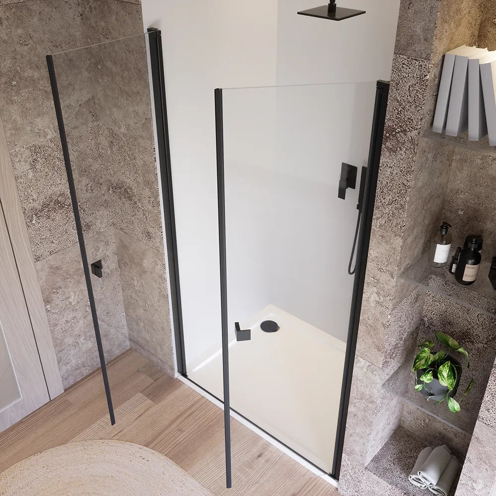 Porta doccia 90cm apertura saloon con profili nero opaco e vetro da 8mm trasparente h195 | Fiji