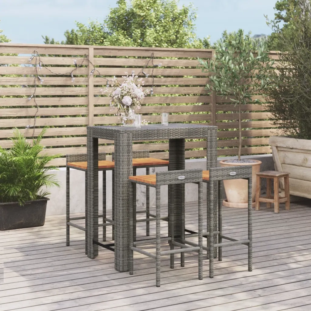 Set Bar Giardino 5pz | Set Salotto da Giardino Grigio Polyrattan e Legno Massello Acacia