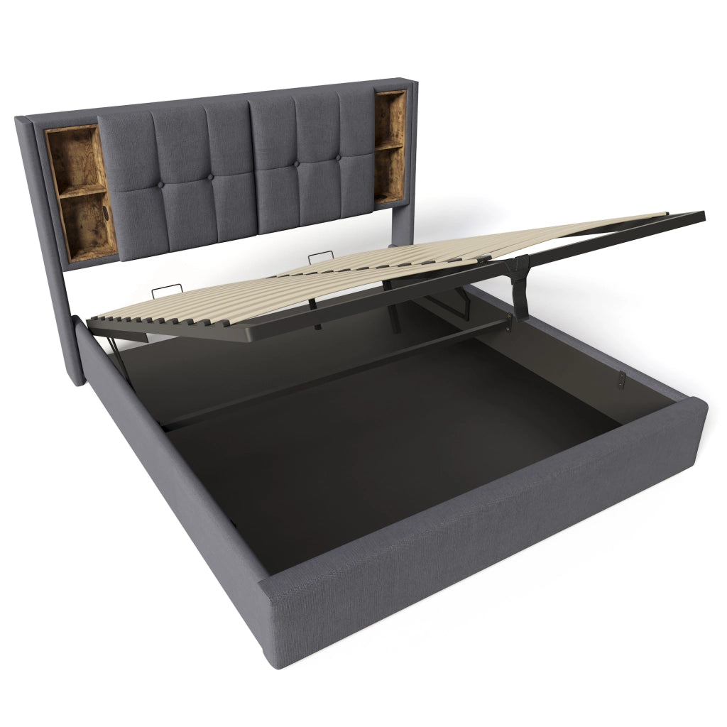 Letto imbottito 140x200 cm con ricarica wireless, USB e contenitore, grigio