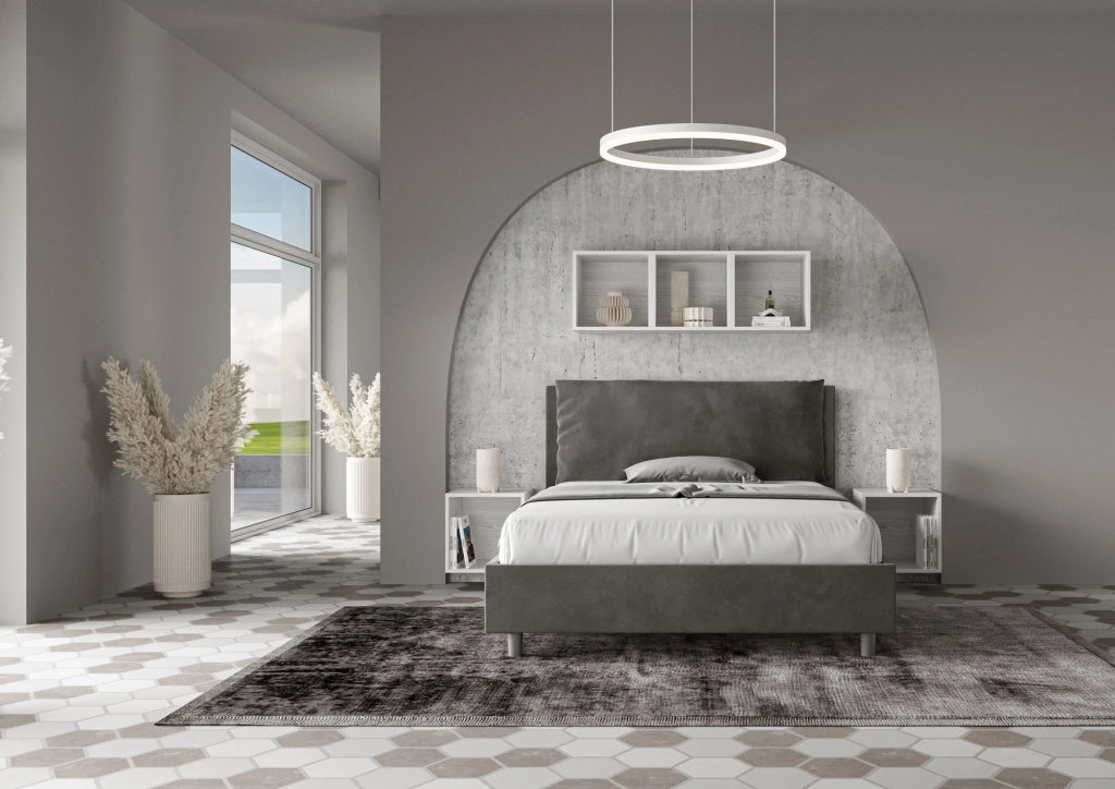 BS COM Letto matrimoniale francese con rete imbottito 140x190 microfibra grigio Large