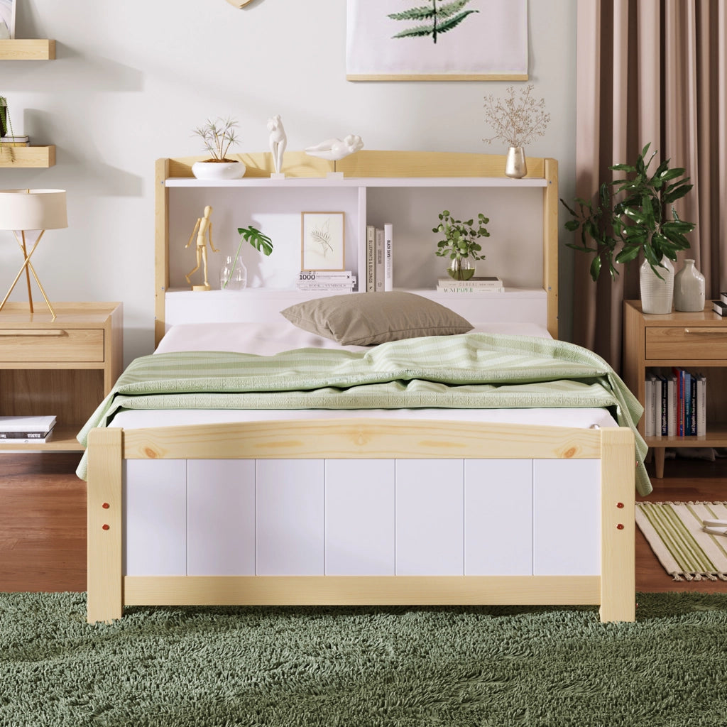 LETTO Singolo 90x200 cm in Legno Massello Bianco/Naturale con materasso incluso