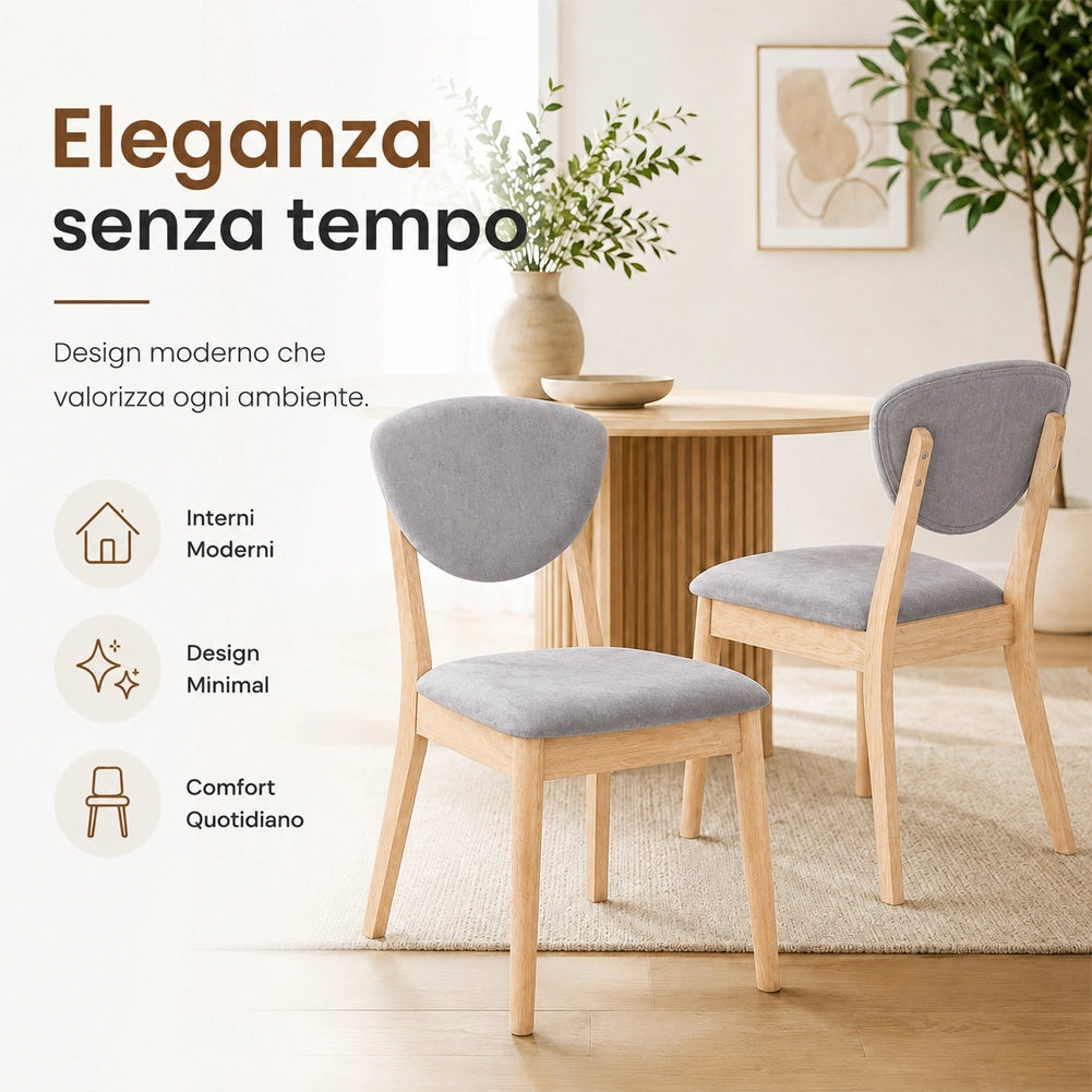 Set 2 Sedie da Pranzo in Legno Chiaro Rivestimento in Tessuto Grigio 52x47x84 cm