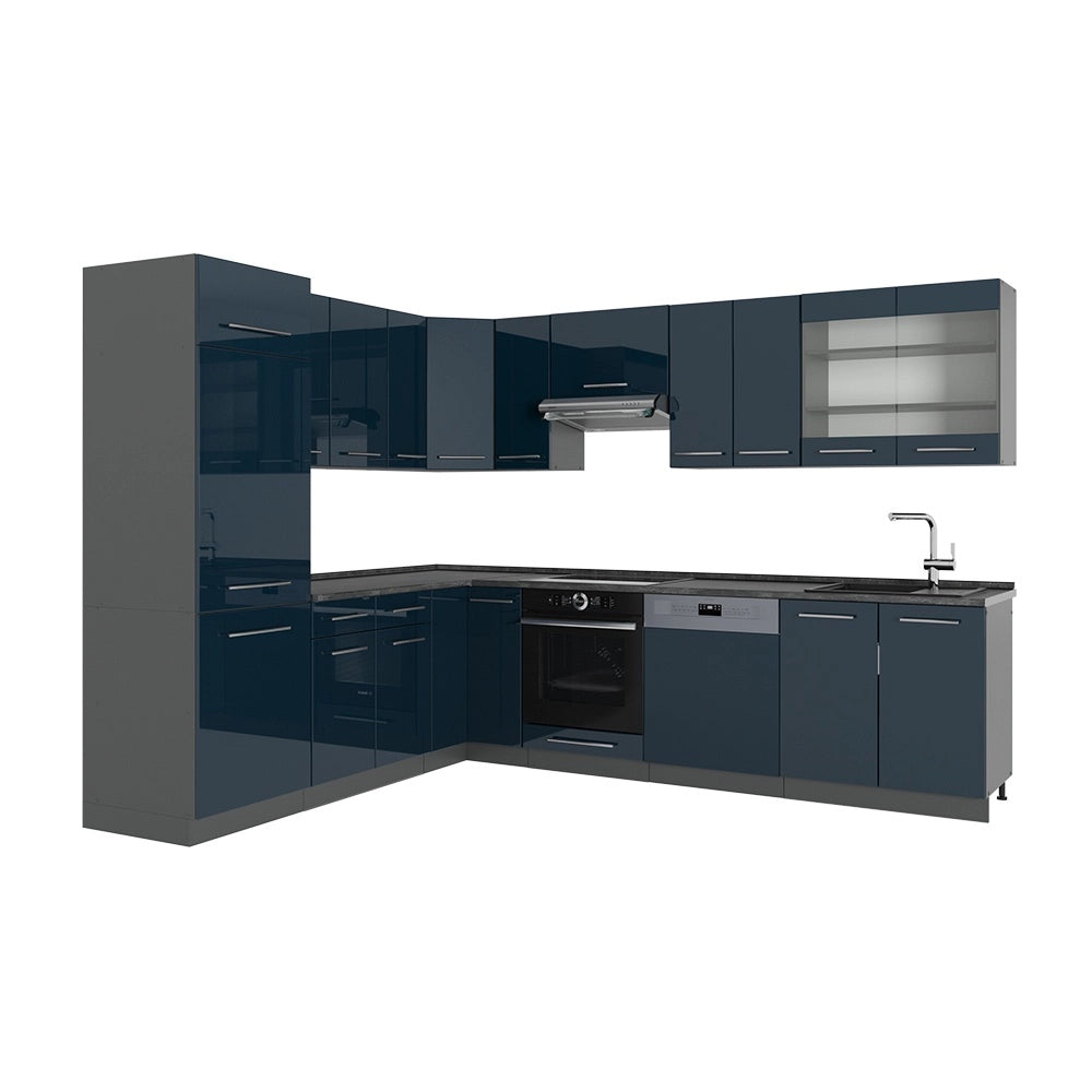 Cucina ad angolo Fame-Line Blu scuro lucido/Antracite 287 x 227 cm senza piano di lavoro Vicco