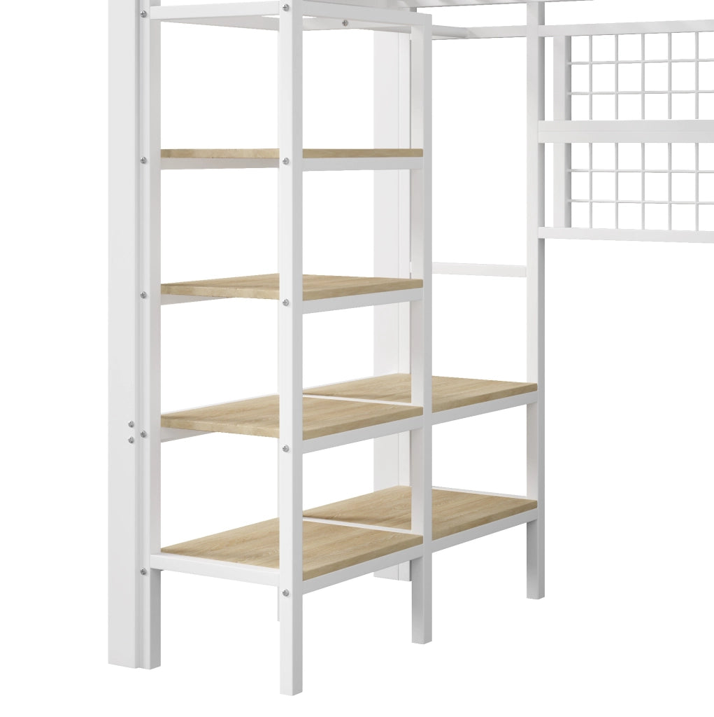 Letto a soppalco 90x200 cm con LED; vano portaoggetti e griglia appendiabiti in metallo e MDF