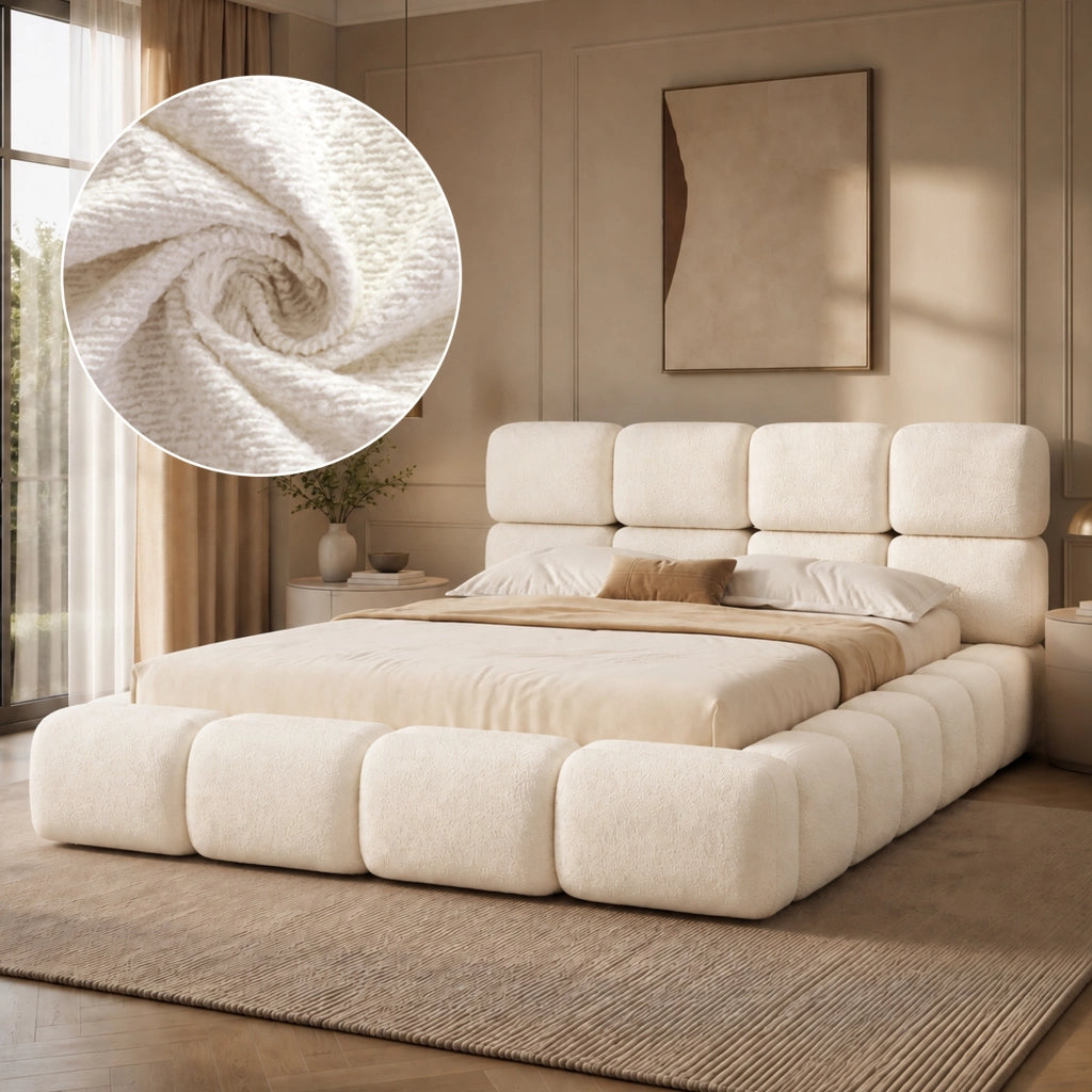 letto imbottito bouclé bianco 224 x 183 cm