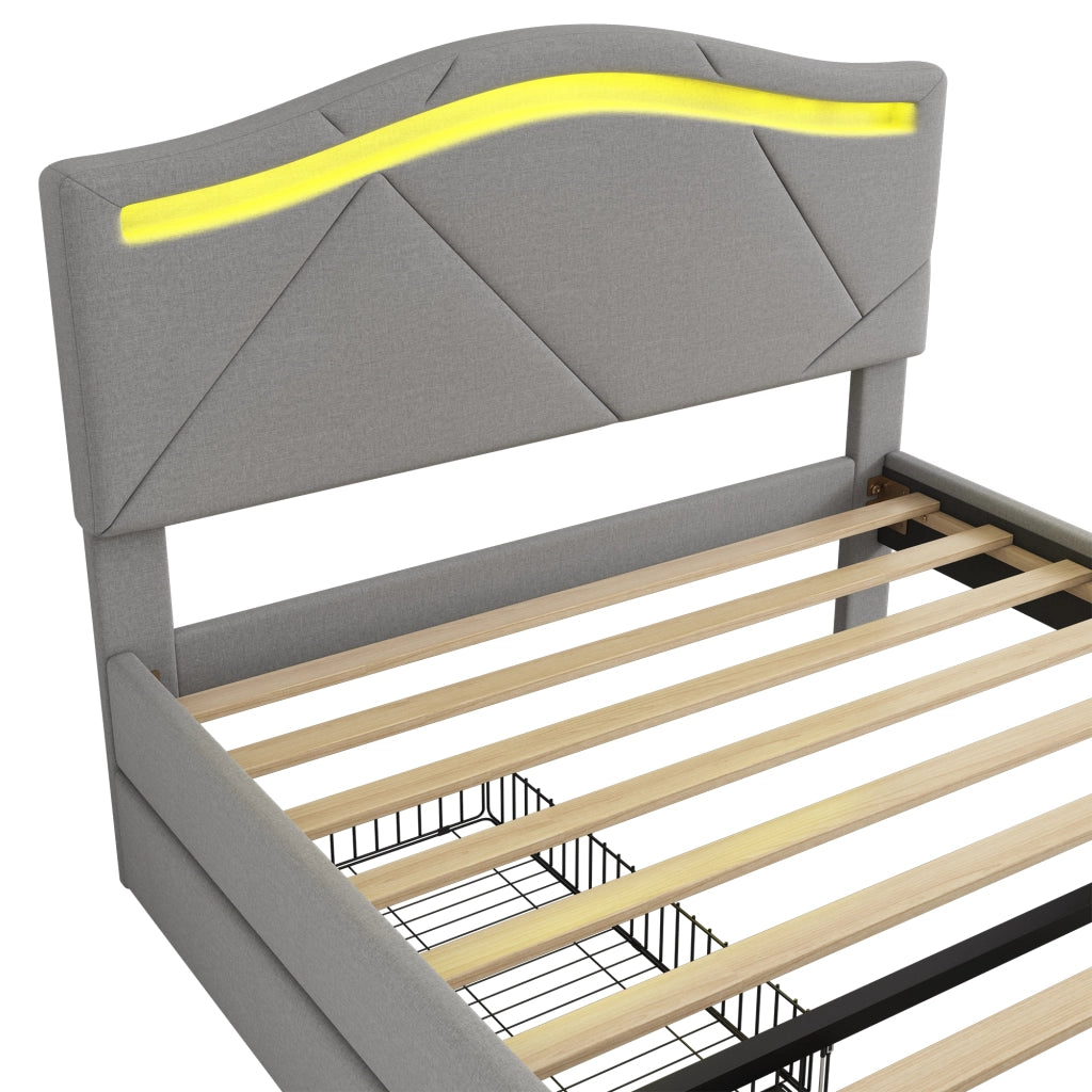Letto contenitore 90×200 cm; letto singolo con 2 cassetti; LED regolabile; testiera regolabile; senza materasso; in lino e MDF; grigio