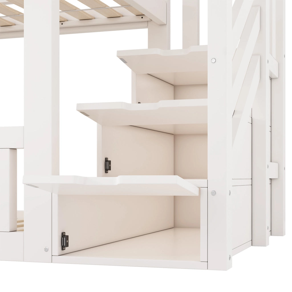DESMIU Letto a castello per bambini 90 × 200 cm con scala-armadio, finestre in legno e senza materasso